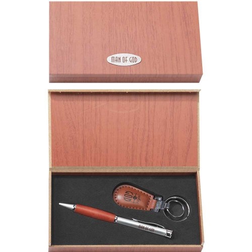 Man of God Be Strong Pen and Faux Leather Keychain Box Set