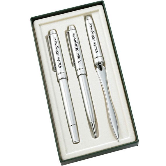 Personalized Silver Ballpoint, Roller Ball and Letter Opener pen set Custom Engraved Free
