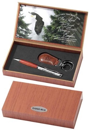 Wings As Eagles Isaiah 4031 Pen and Faux Leather Keychain Box Set