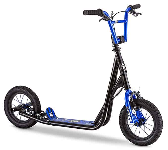 Mongoose Expo Scooter, Featuring Front and Rear Caliper Brakes and Rear Axle Pegs with 12-Inch Inflatable Wheels, Available in Blue/Black, Grey/Green, and Pink/Black Colorways