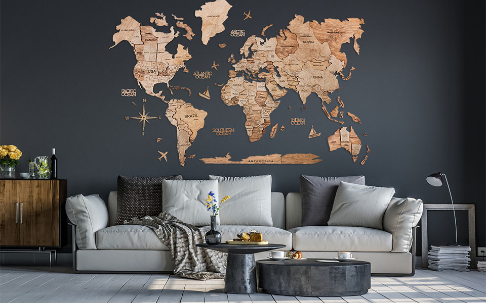 Wooden World Map Multicolor Dark Background